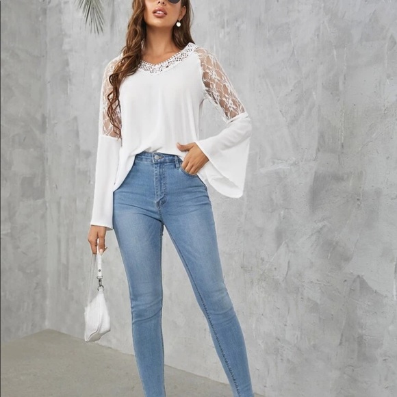 Boho white  lace insert V neck blouse - Picture 7 of 16